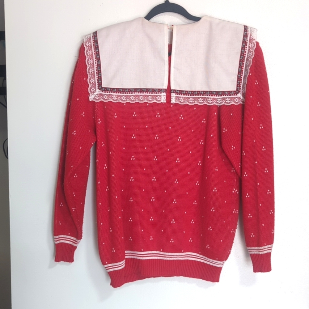 🌸Vintage Scott McClintock 1980s Red White Pullover Sweater Bibbed Collar Small - Picture 7 of 10